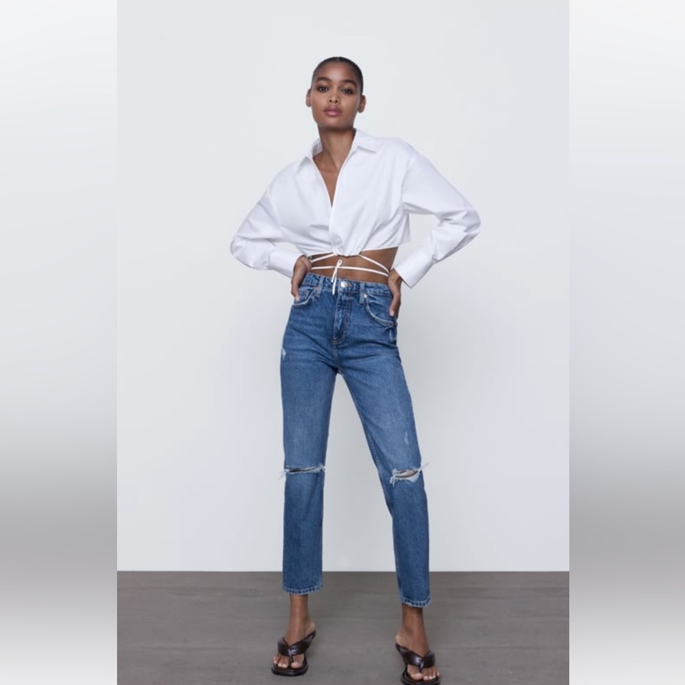 Zara Slim Fit Hi Rise Ripped Jeans